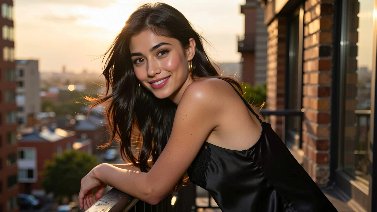 Ritratto cinematografico fotorealistico di una donna adulta con lunghi capelli scuri in un abito sottoveste di raso nero, appoggiata alla ringhiera di un balcone all'ora dorata, con lo skyline di una città sfocato alle spalle.