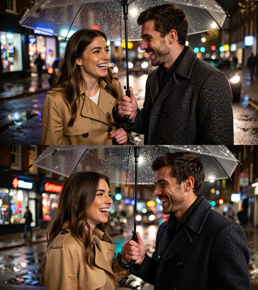 Dois fotogramas de cinema fotorrealistas de uma mulher adulta de trench coat caramelo e um homem adulto de casaco de lã escuro rindo juntos sob um guarda-chuva transparente em uma rua chuvosa da cidade à noite.