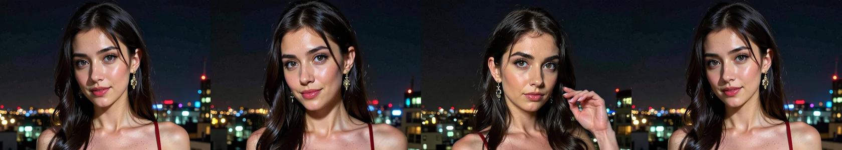 Quatro recortes de rosto da mesma mulher adulta de cabelo preto longo e vestido de noite vermelho, à noite. Da esquerda: sem LoRA, uma LoRA de anime com scale 0.5, a mesma LoRA com scale 1 e uma LoRA de outro modelo base com scale 1. As quatro são fotografias.