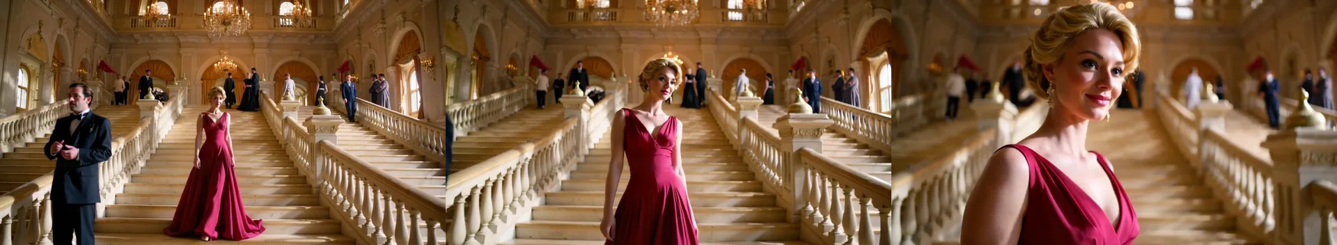 Tre fotogrammi da una clip con dolly in: un'ampia scalinata di marmo di un gala con una donna in abito cremisi lontana, poi più vicina, poi un primo piano del suo viso sorridente.