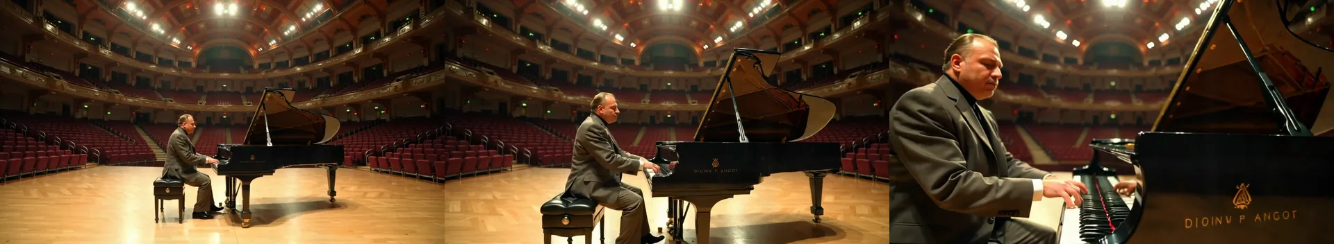 Tre fotogrammi da una clip con dolly in in una grande sala da concerto vuota: un pianista piccolo a un pianoforte a coda su un palco illuminato, poi più vicino, poi un'inquadratura ravvicinata delle sue mani e del suo viso.