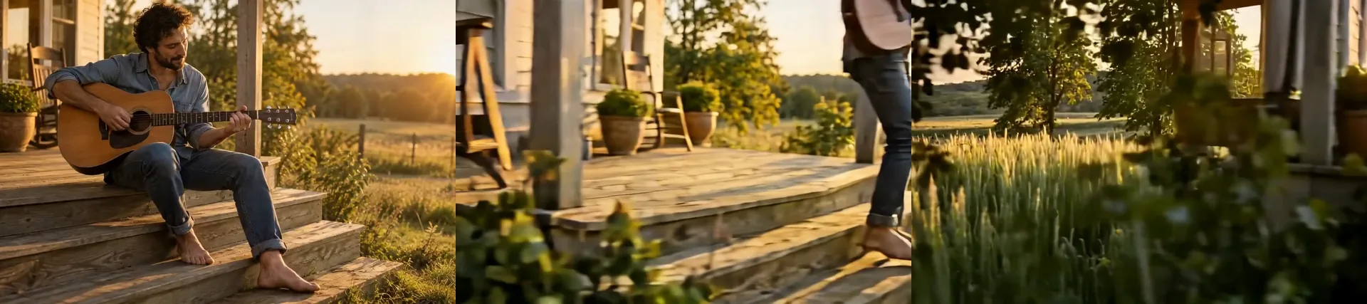 Tre fotogrammi di una clip con dolly left: un uomo adulto che strimpella una chitarra su un portico, poi la camera che scorre lungo il portico e infine un portico vuoto e un campo con solo il manico della chitarra al bordo dell'inquadratura.
