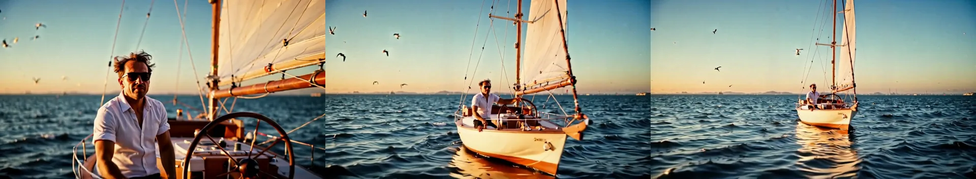 Tre fotogrammi da una clip con dolly out: un'inquadratura ravvicinata di un uomo adulto con camicia bianca e occhiali da sole al timone di una barca a vela, poi più larga, poi l'intera barca su un mare blu profondo all'ora dorata.