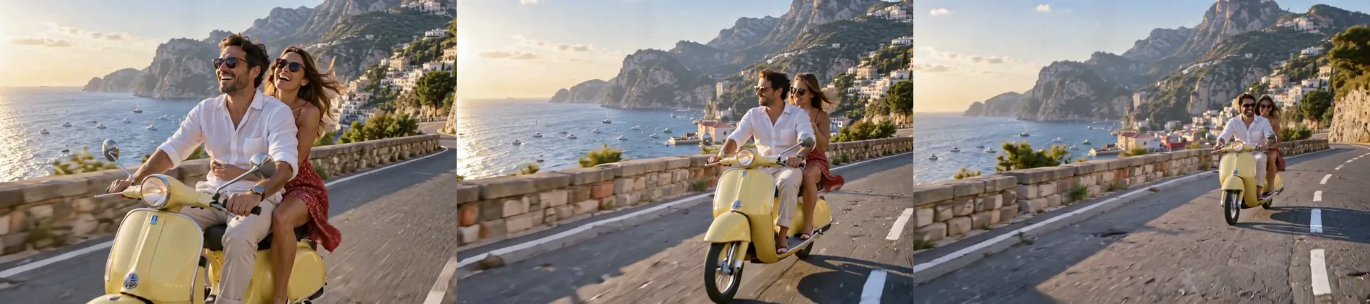 Tre fotogrammi da una clip con dolly out: una coppia adulta che ride su uno scooter giallo lungo una strada costiera, poi la camera che si allontana per mostrare scogliere, un villaggio e il mare scintillante.
