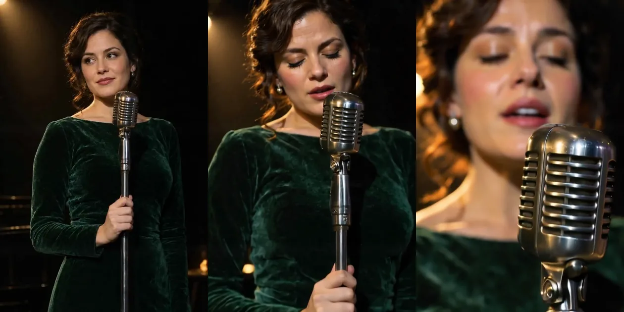 Tre fotogrammi da una clip con dolly in: una donna in un abito di velluto verde scuro a un microfono d'epoca in una foto larga di un palco, poi più vicina mentre comincia a cantare, poi un primo piano del suo viso sotto il faro.