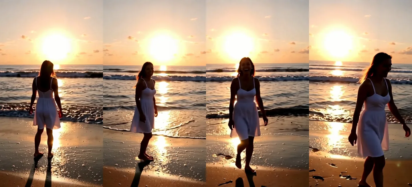 Tre fotogrammi di una donna adulta in un prendisole di lino bianco che cammina a piedi nudi lungo la battigia al tramonto, guardando indietro oltre la spalla e ridendo, in un'inquadratura verticale 9:16.