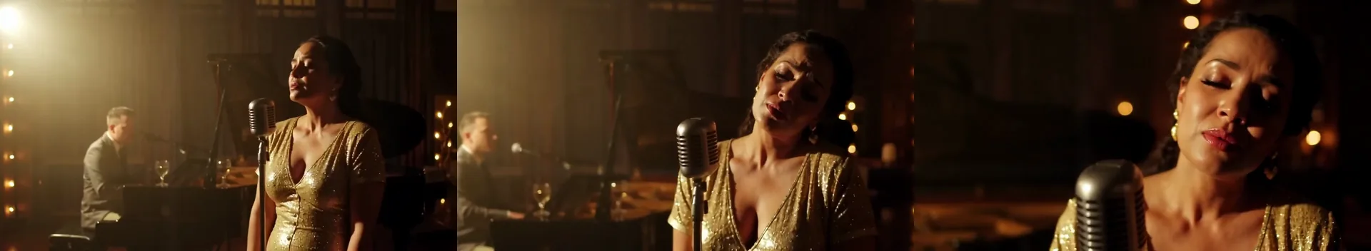 Tre fotogrammi di una donna adulta in un abito dorato di paillettes che canta in un microfono d'epoca in un lounge fumoso, con un pianista visibile alle sue spalle; la camera si avvicina da un campo largo a un primo piano.