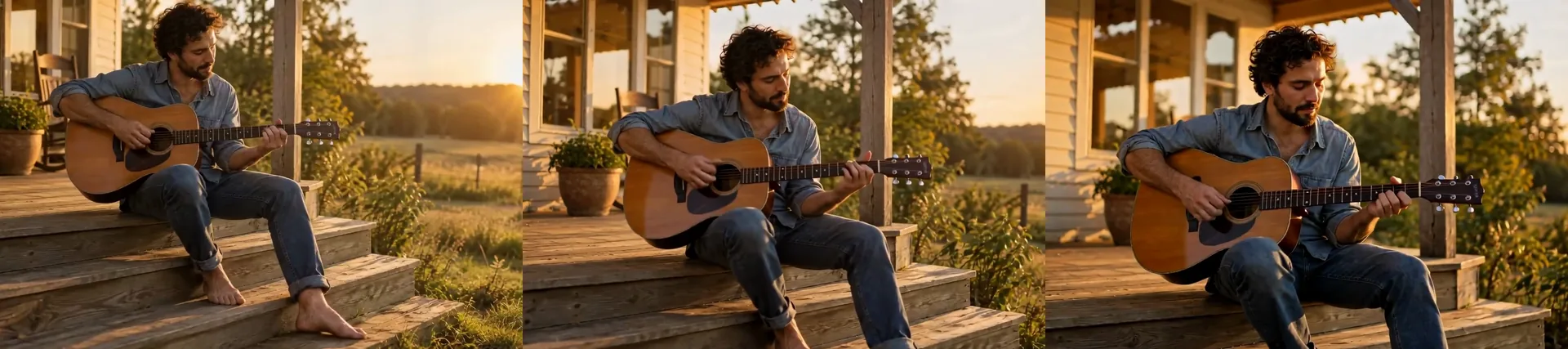 Tre fotogrammi di un uomo adulto in camicia di jeans che strimpella una chitarra acustica sui gradini di legno di un portico al tramonto, con la camera che si avvicina lentamente.