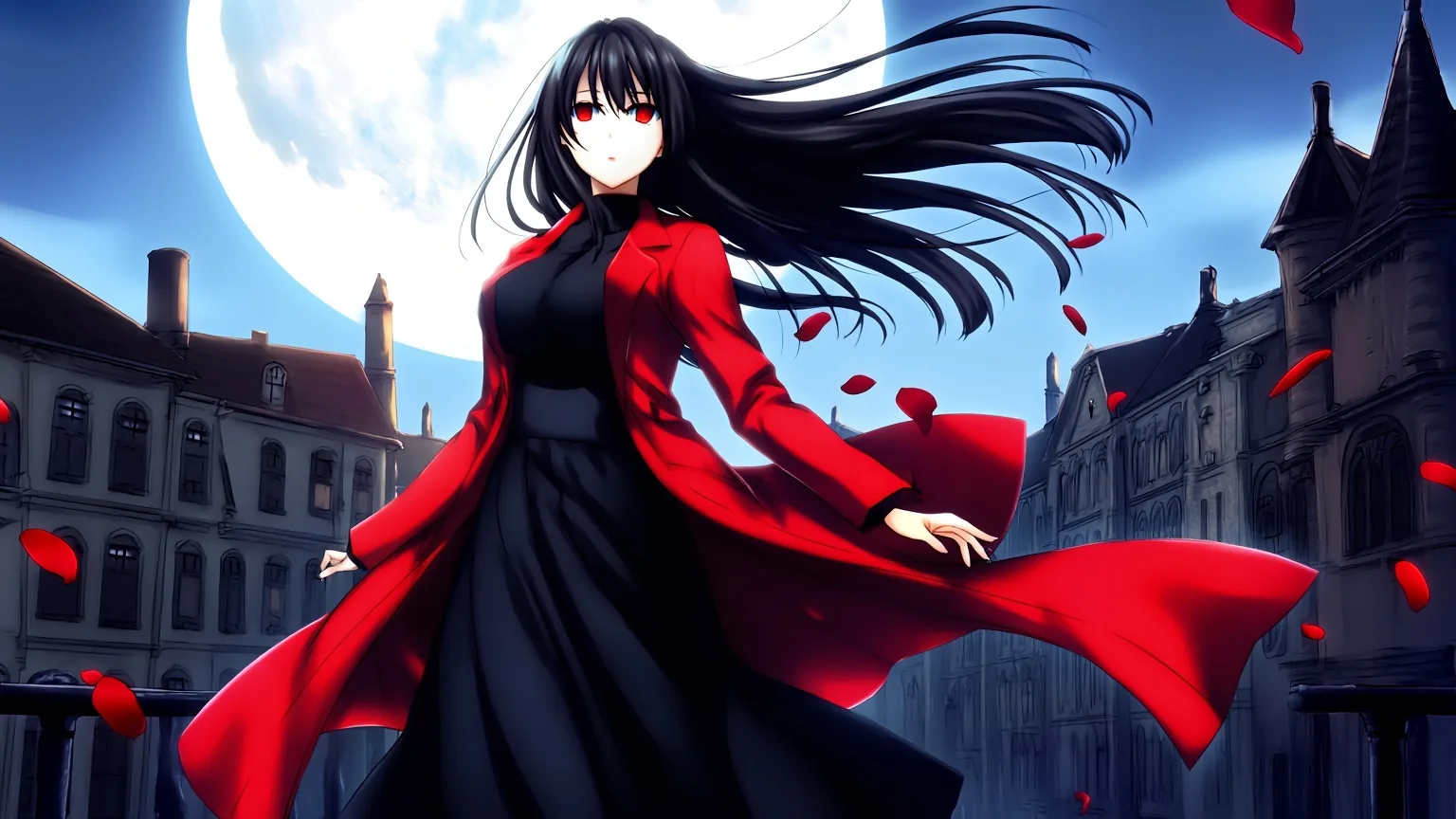 Key visual anime di una donna adulta con lunghi capelli neri e occhi rossi, in un cappotto cremisi su un tetto al chiaro di luna, con un'enorme luna piena e petali di rosa alle spalle.