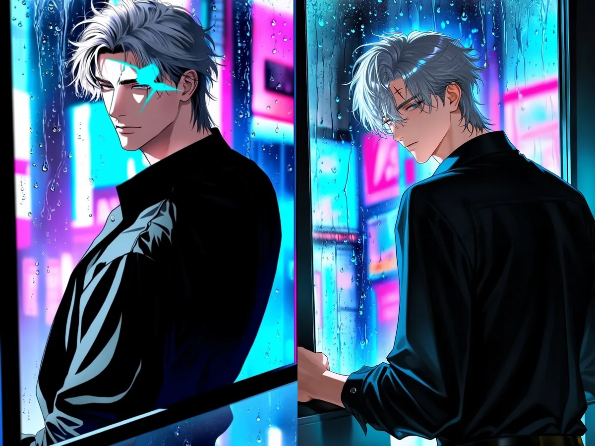 Ilustracja anime przedstawiająca dorosłego mężczyznę z rozczochranymi srebrnymi włosami i małą blizną, w czarnej koszuli, zerkającego przez ramię w zroszone deszczem okno z cyjanowym i magentowym neonem. Po lewej seed 1, po prawej seed 2.