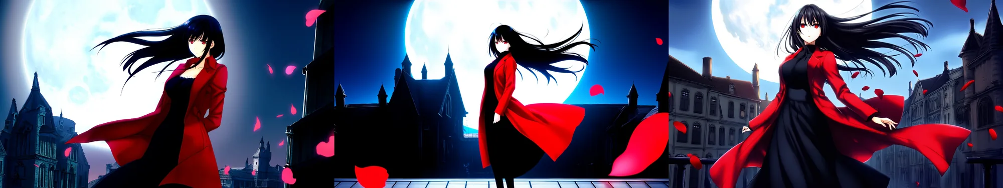 Trzy obrazy anime z tego samego promptu o dachu w świetle księżyca, dla seedów 1, 2 i 3. Seedy 1 i 3 pokazują czarnowłosą kobietę w czerwonym płaszczu na tle ogromnego księżyca; seed 2 pokazuje małą postać na tle ciemnej sylwetki budynku.