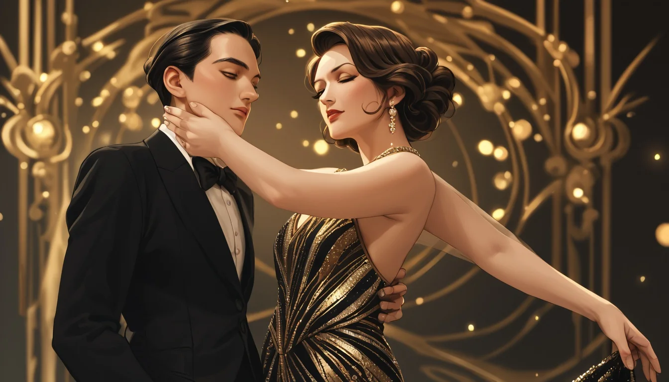 Una coppia di adulti che balla il tango in una sala da ballo degli anni Venti, disegnata in uno stile anime Art Déco dorato