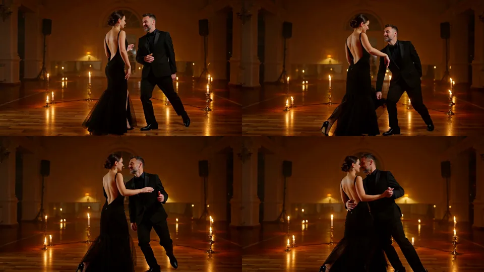 Quattro fotogrammi della clip del tango: la coppia sta separata, si avvicina, ruota e finisce vicina mentre la camera orbita