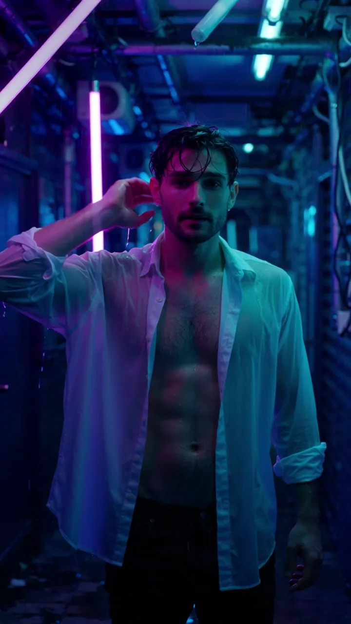 Un uomo adulto in una camicia bianca aperta e fradicia di pioggia in un vicolo stretto illuminato da tubi al neon rosa e verde acqua, inquadratura verticale