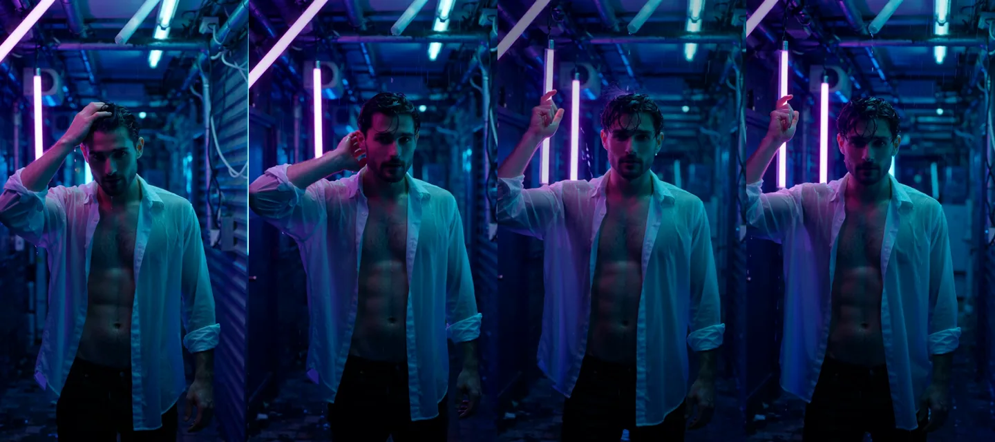Quattro fotogrammi della clip al neon: l'uomo si spinge indietro i capelli bagnati, poi abbassa il braccio e guarda in camera mentre la vista si avvicina lentamente