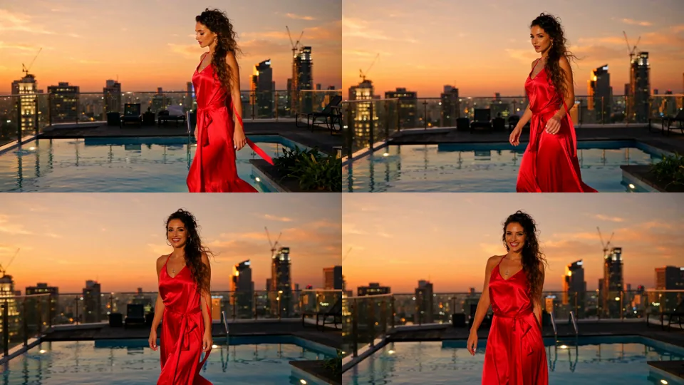 Quattro fotogrammi della clip sul tetto: la donna cammina lungo il bordo della piscina, poi si volta e sorride verso la camera mentre la camera la segue