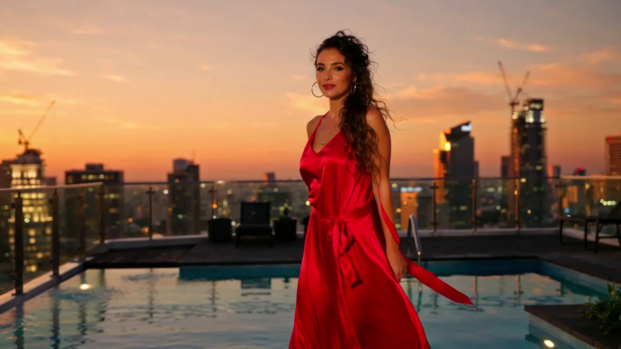 Una donna adulta in un abito sottoveste di seta rossa a bordo di una piscina sul tetto al crepuscolo, con lo skyline della città che brilla di arancione alle sue spalle