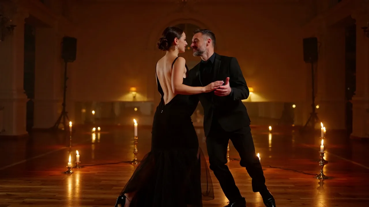 Un uomo in abito scuro e una donna in un abito nero con la schiena scoperta che ballano un tango in una sala da ballo a lume di candela