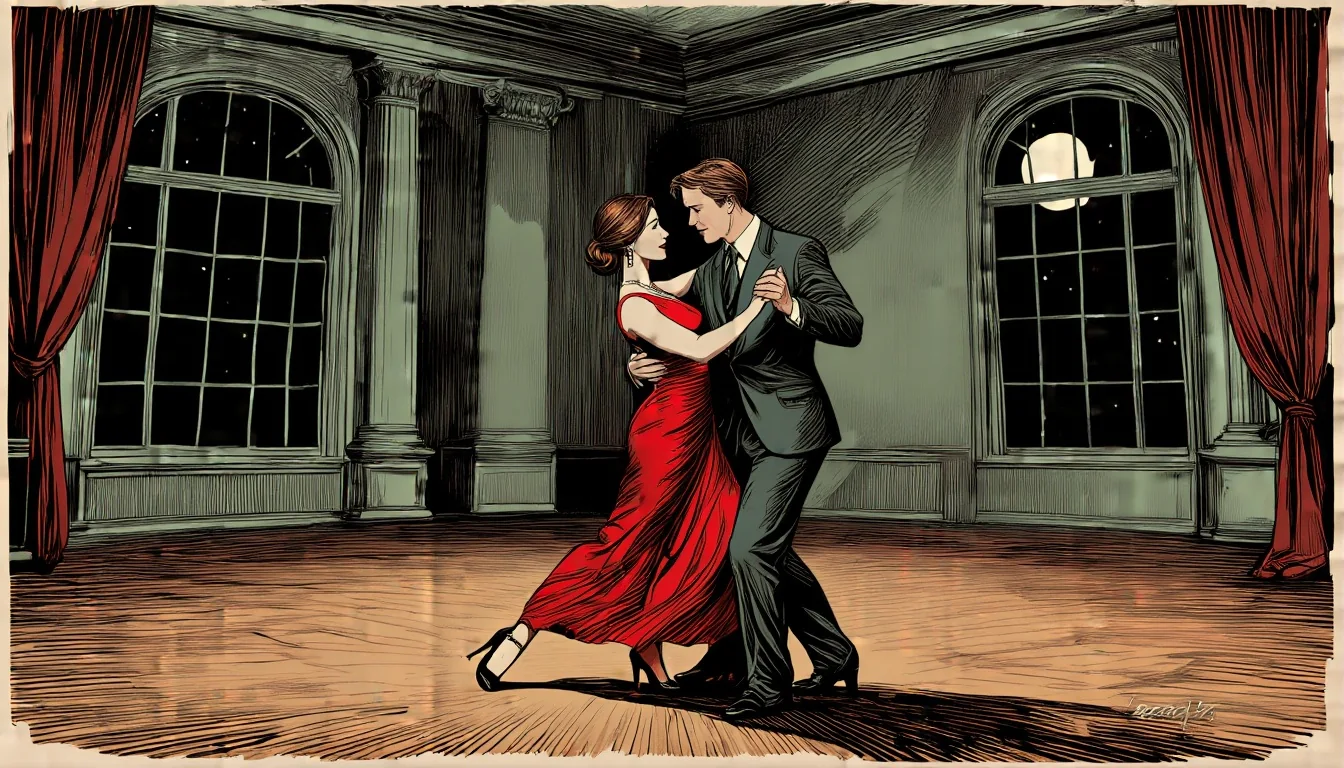 Una donna in abito da sera rosso e un uomo in abito scuro che ballano in una sala da ballo vuota di notte, disegnati come un'illustrazione dai colori spenti e dal tratto fine