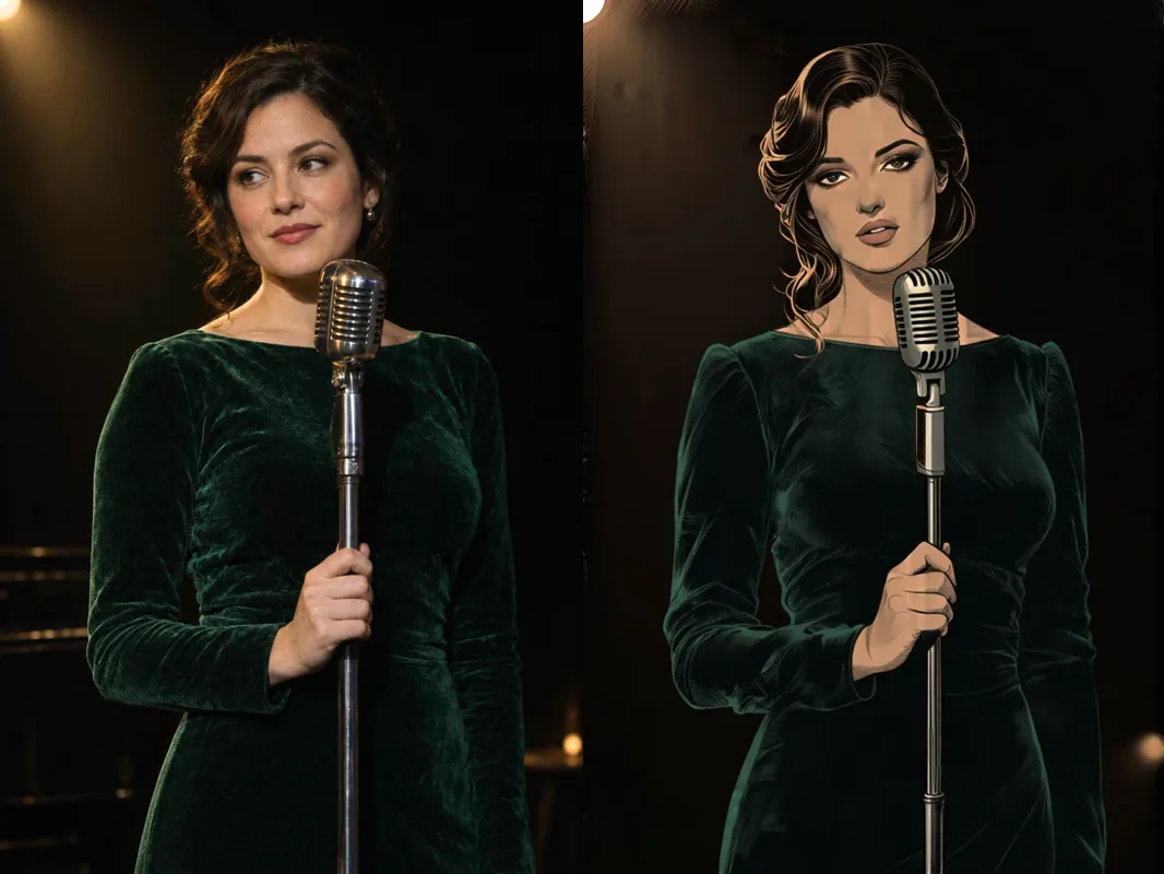 Po lewej: zdjęcie kobiety w zielonej aksamitnej sukni przy staroświeckim mikrofonie na ciemnej scenie. Po prawej: ta sama scena jako stonowana ilustracja z drobną kreską