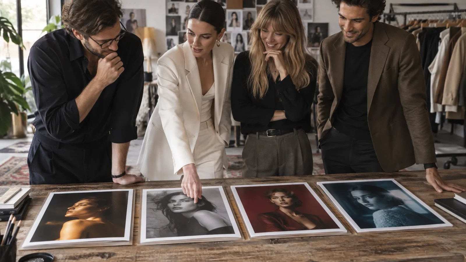 Cztery osoby dorosłe porównują odbite portrety z różnym oświetleniem i stylizacją na stole w studio