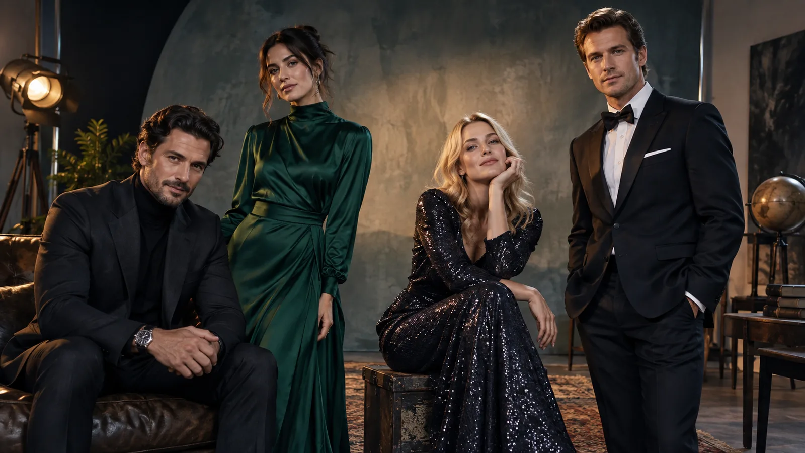 Due uomini adulti e due donne adulte con look da sera diversi sul set di una fotografia
