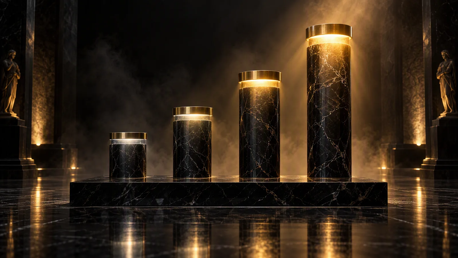 Quattro colonne di marmo nero di altezza crescente su un unico basamento, ciascuna coronata d'ottone, con la luce che si riversa da ogni sommità più intensa man mano che l'altezza aumenta