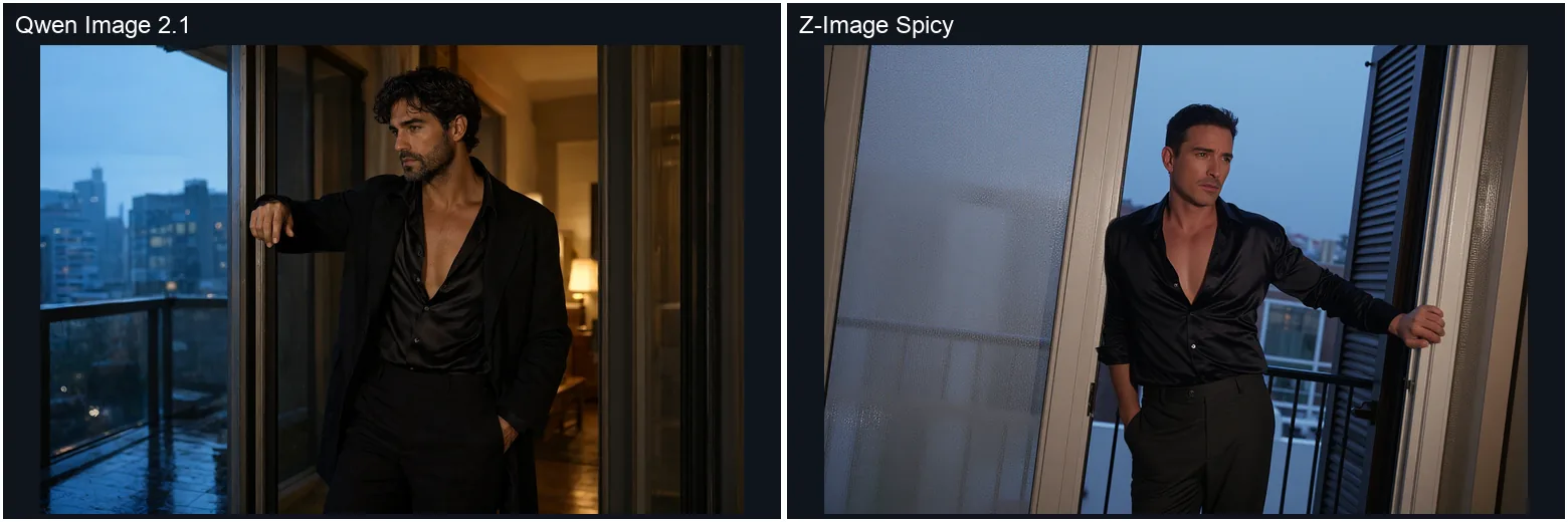Due ritratti SpicyAPI etichettati di un uomo adulto sulla soglia di un balcone bagnato dalla pioggia