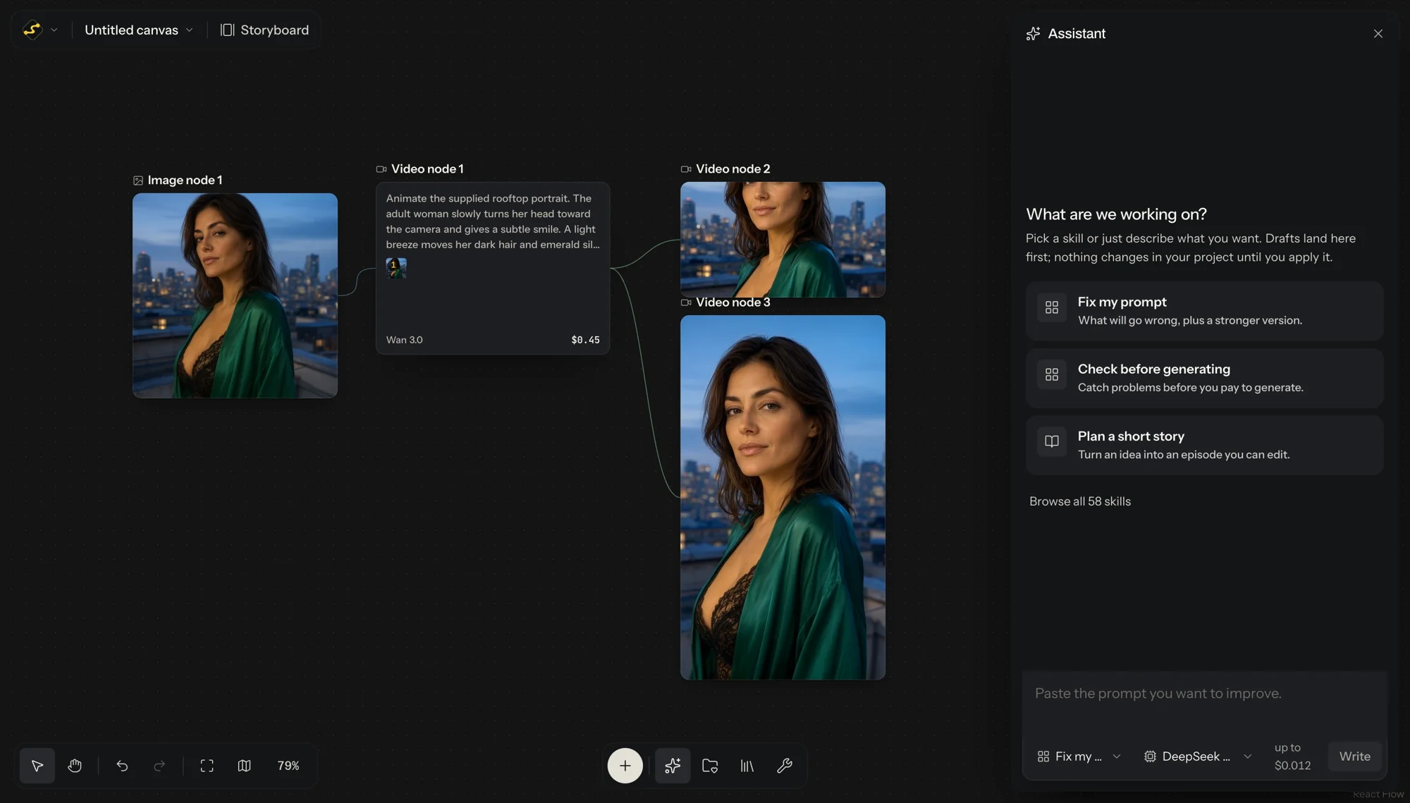 SpicyAPI Canvas montrant le portrait sur le toit-terrasse, des nœuds vidéo reliés et le panneau Assistant.