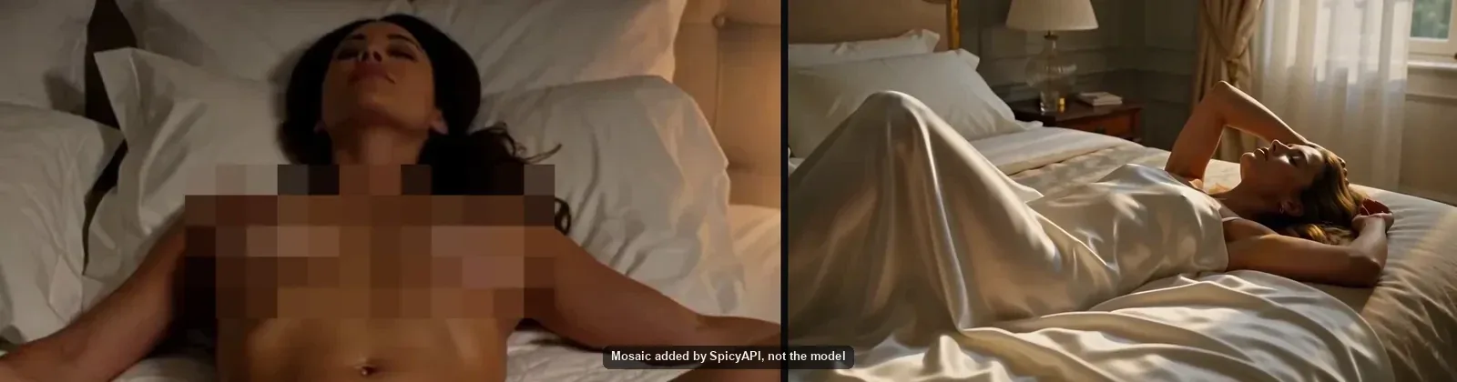 Due fotogrammi affiancati: a sinistra una donna distesa su un letto con il petto pixelato; a destra una donna in camicia da notte di seta bianca distesa su un letto in morbida luce di finestra