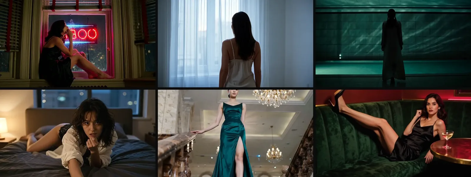 Sei fotogrammi video in una griglia: una donna seduta su un davanzale illuminato da neon con una mano alla bocca, una donna in sottoveste bianca davanti a una finestra con le tende, una sagoma in lunga vestaglia accanto a una piscina verde scuro, una donna su un letto che guarda verso la cinepresa, una donna in abito di raso smeraldo su una scalinata di marmo e una donna in sottoveste nera sdraiata su un séparé di velluto verde