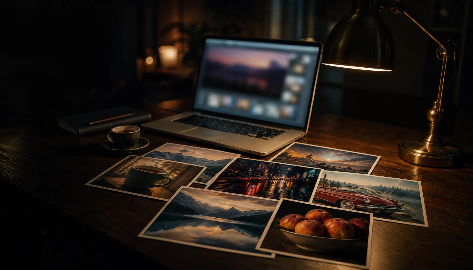 Printed photographs of a mug, a mountain lake, a rainy city street, a red convertible and a bowl of peaches spread across a dark wooden desk in front of a glowing laptop and a brass lamp