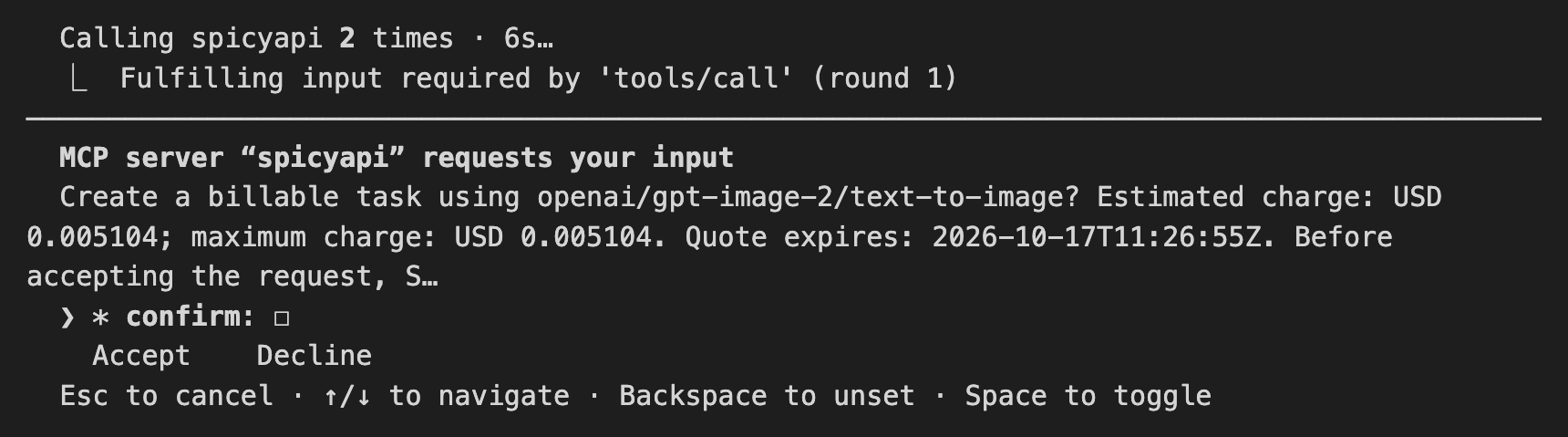 Claude Code terminal showing the SpicyAPI MCP server asking to confirm a billable task for openai/gpt-image-2/text-to-image with an estimated and maximum charge of USD 0.005104