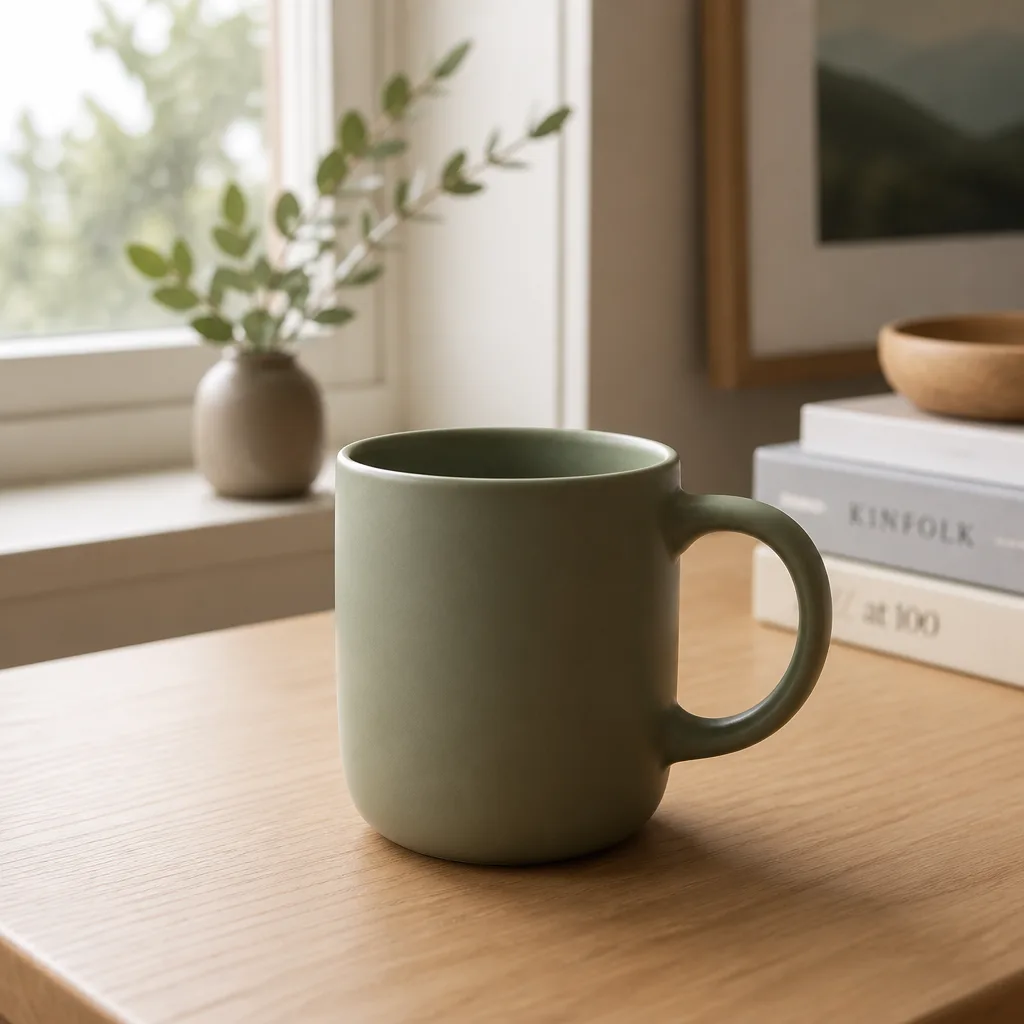 A matte sage-green ceramic mug on a light oak table by a window, with a small plant in a vase, framed art and a stack of books in soft morning light
