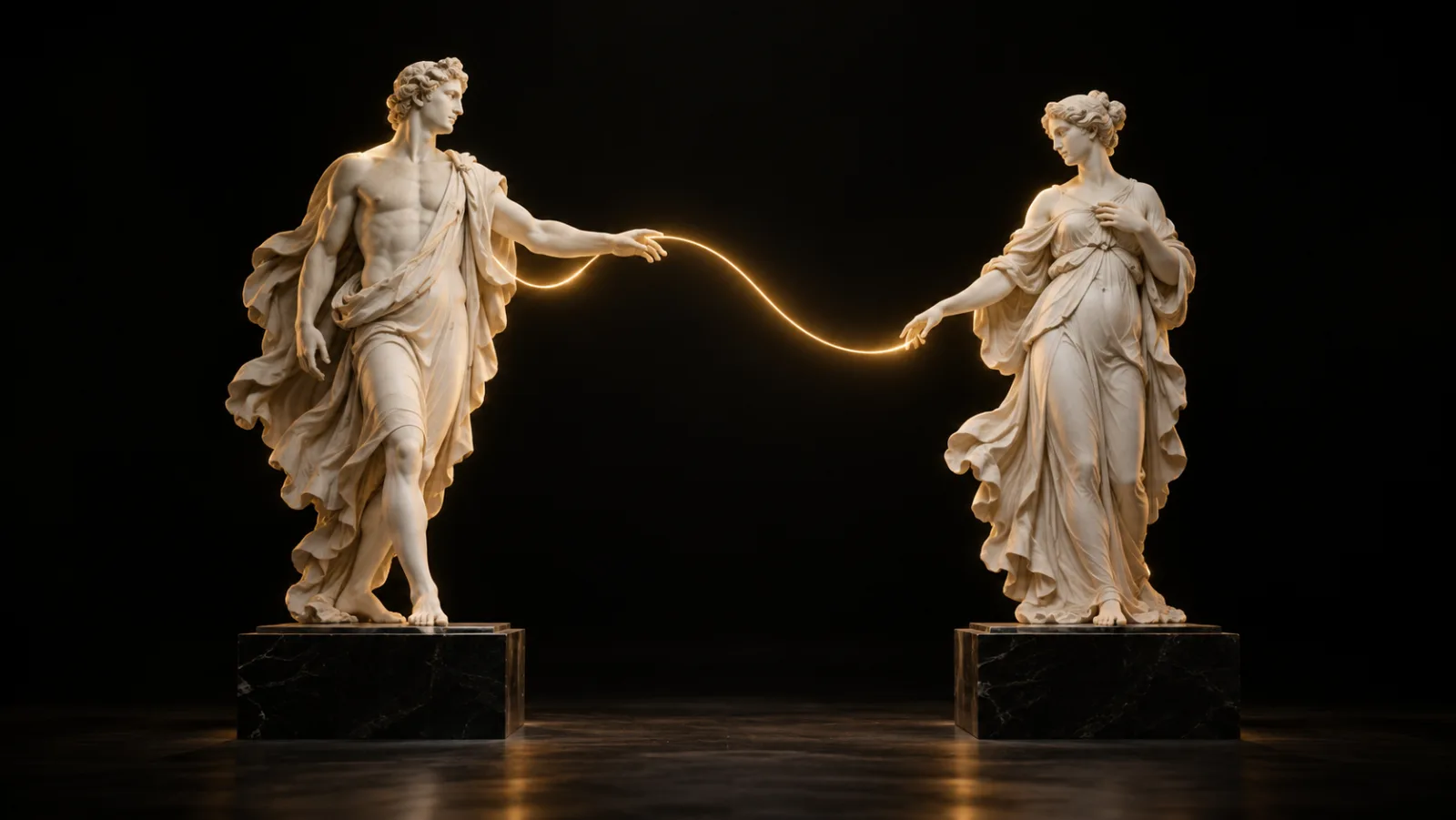 Illustration of two draped marble sculptures side by side in a black gallery, joined by a thin gold light trail.