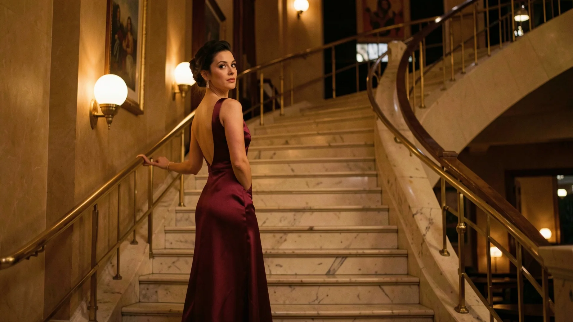 Una donna in un abito di raso bordeaux con la schiena scoperta si volta oltre la spalla su una scalinata art déco in marmo illuminata da lampade a globo