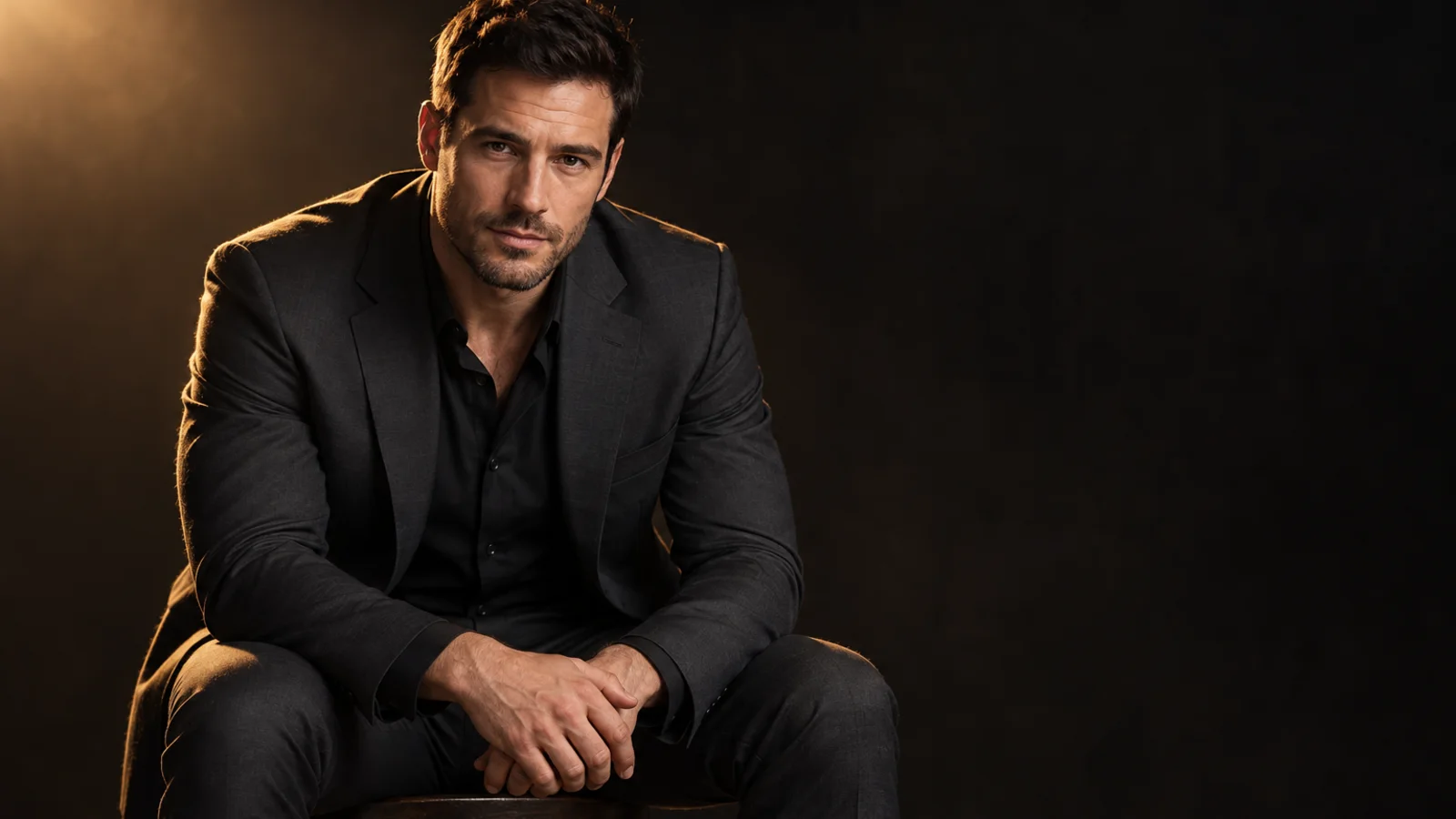 A man in a charcoal suit leans forward on a stool in a dark photo studio, lit by a softbox and a warm gold rim light