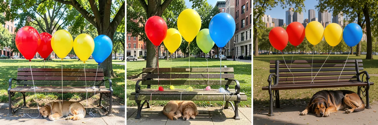 Five-balloon park bench scenes from three models; the middle image has an extra green balloon