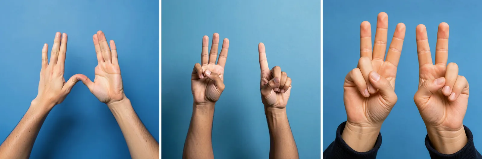 Three hands-up photos on a blue wall: Klein 4B shows open hands with no clear count, Klein 9B shows three fingers and one, FLUX 3 Klein shows three and two
