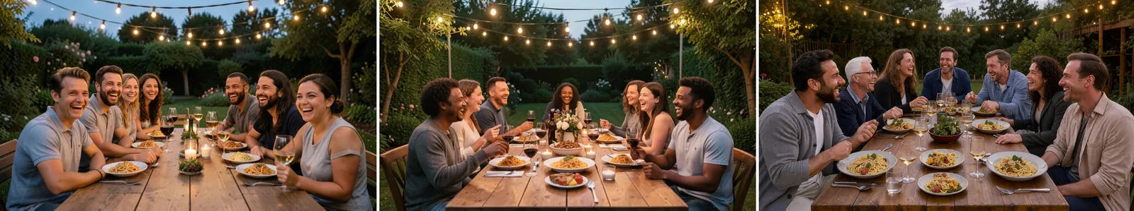 Garden dinner scenes with groups of friends under string lights from three models