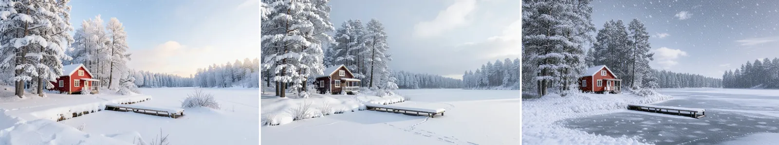 Three snowy lakeside cabin edits; the middle cabin has turned brown, the right image shows ice on the lake