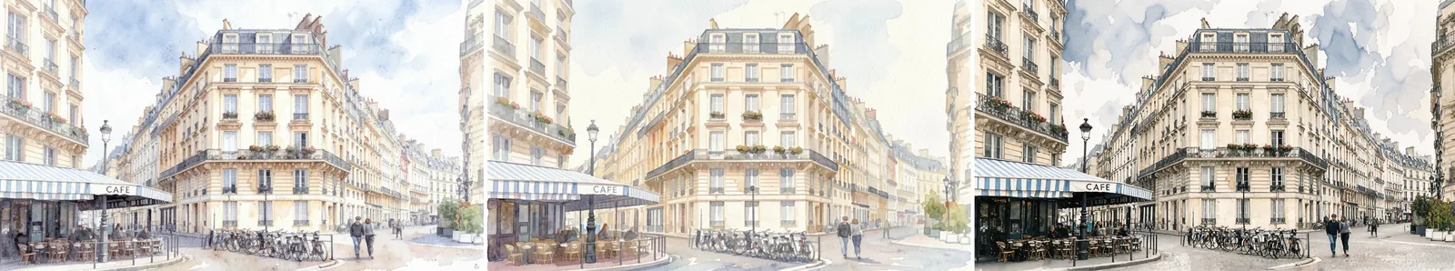 Three watercolor restyles of a Paris street corner; the right image looks closest to the original photo