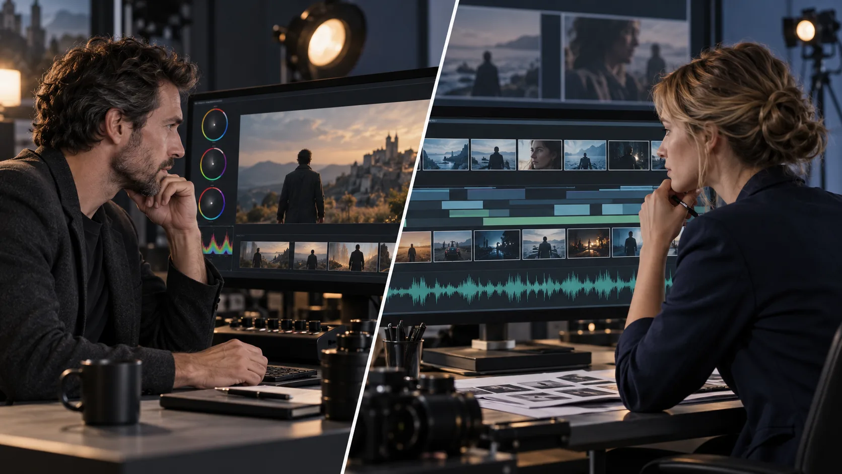 Two professional filmmakers comparing short and long AI video timelines