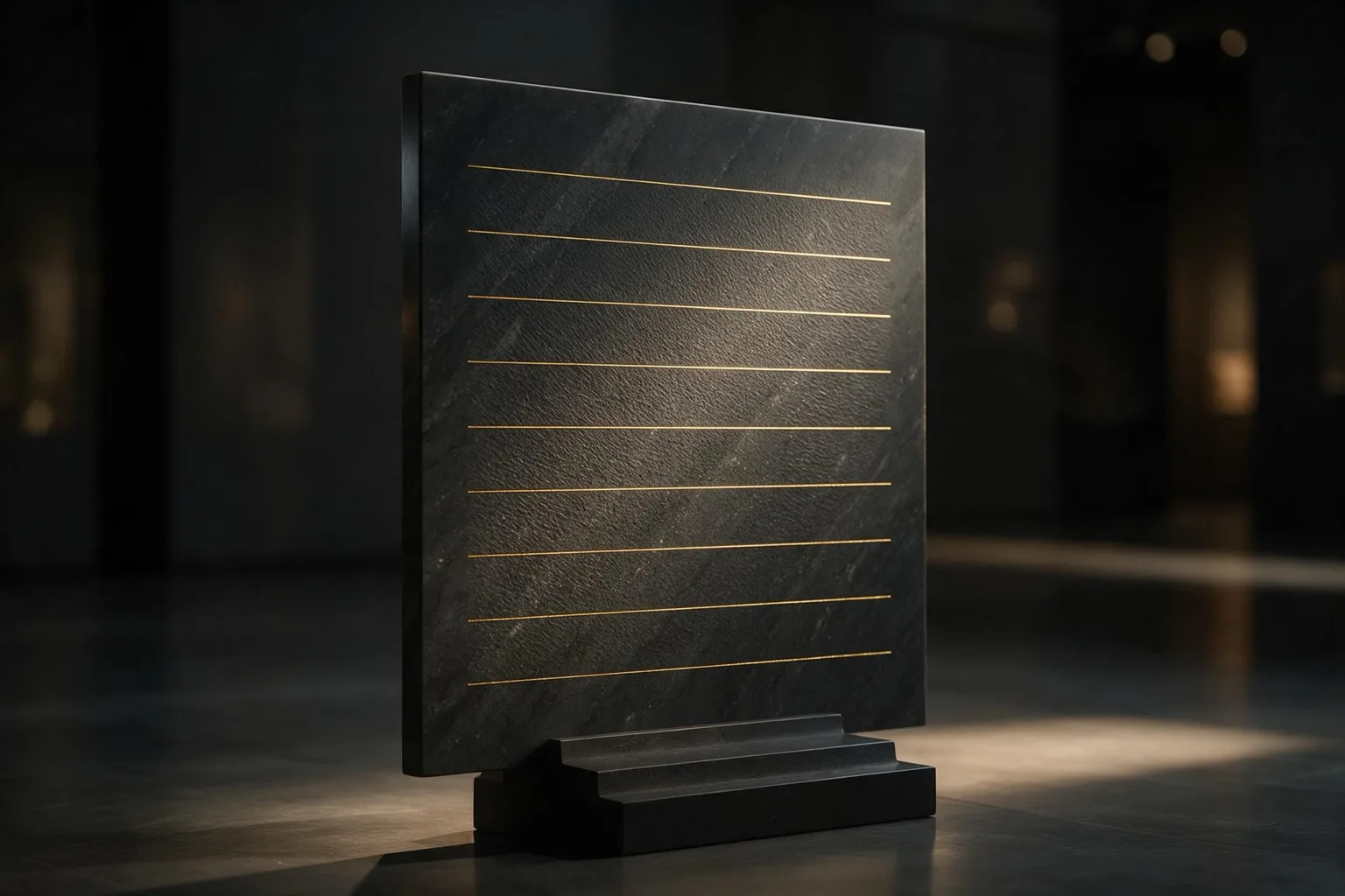 Nove fili paralleli di luce dorata corrono ininterrotti su una lastra di marmo scuro in una sala di museo in penombra