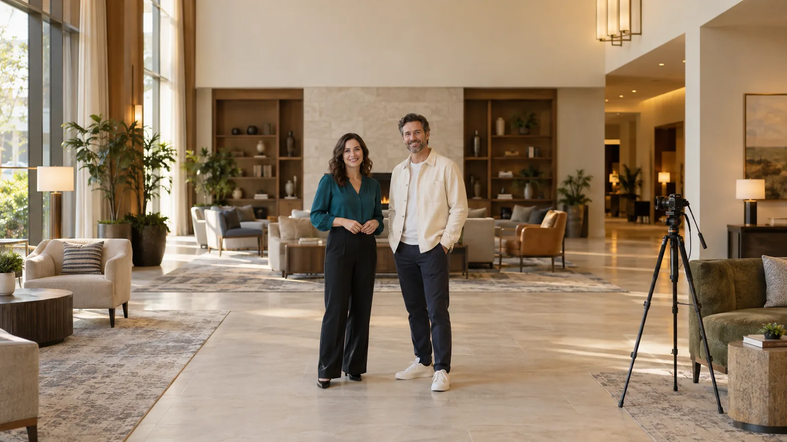 Una donna in blusa verde petrolio e un uomo in giacca color crema sono nella hall di un hotel, accanto a una camera su treppiede.