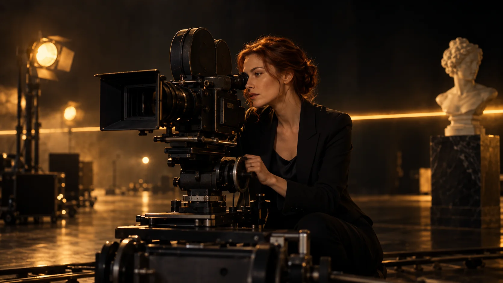 A woman in a black blazer looks through the eyepiece of a vintage cinema camera on a dark film set, with a line of gold light and a marble bust behind her