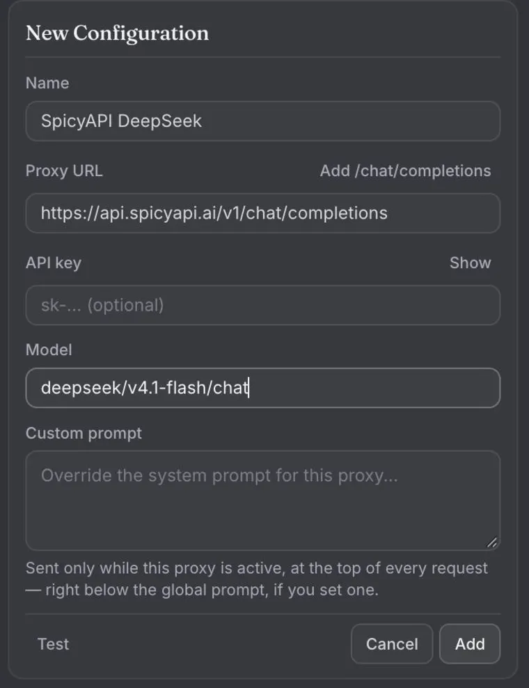 Il modulo New Configuration di Janitor AI compilato con l'URL del proxy SpicyAPI e un modello DeepSeek V4