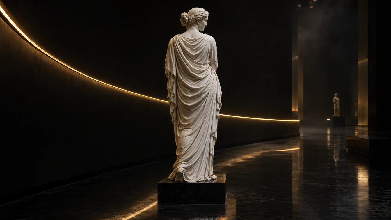 Statua di marmo bianco di una donna drappeggiata vista da dietro su un basamento nero, una traccia di luce dorata che curva lungo una parete scura di galleria