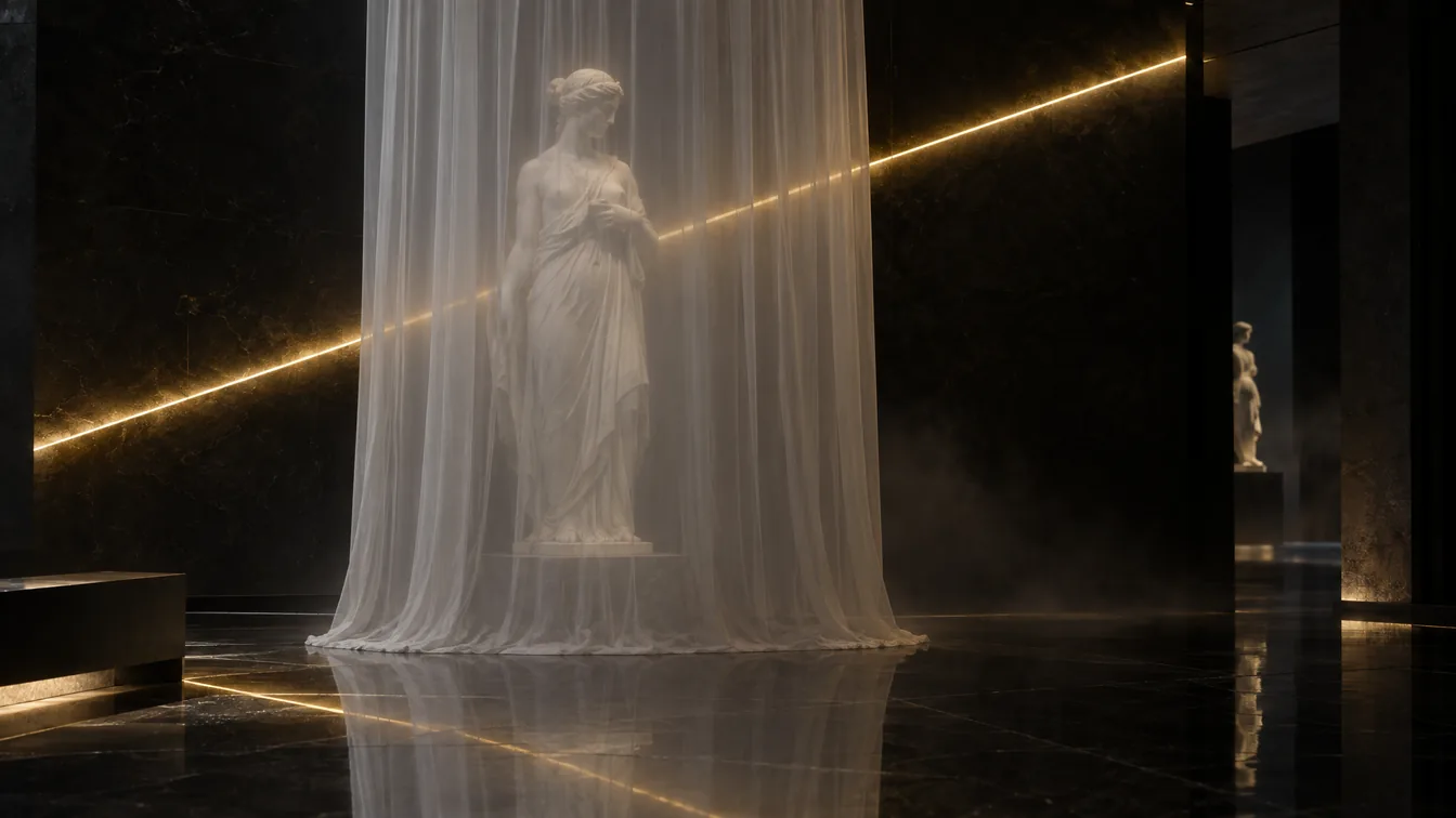 Una statua classica in marmo bianco di una donna in piedi dietro un telo di seta pallida e traslucente appeso in una galleria scura, una sottile linea di luce dorata attraversa il tessuto