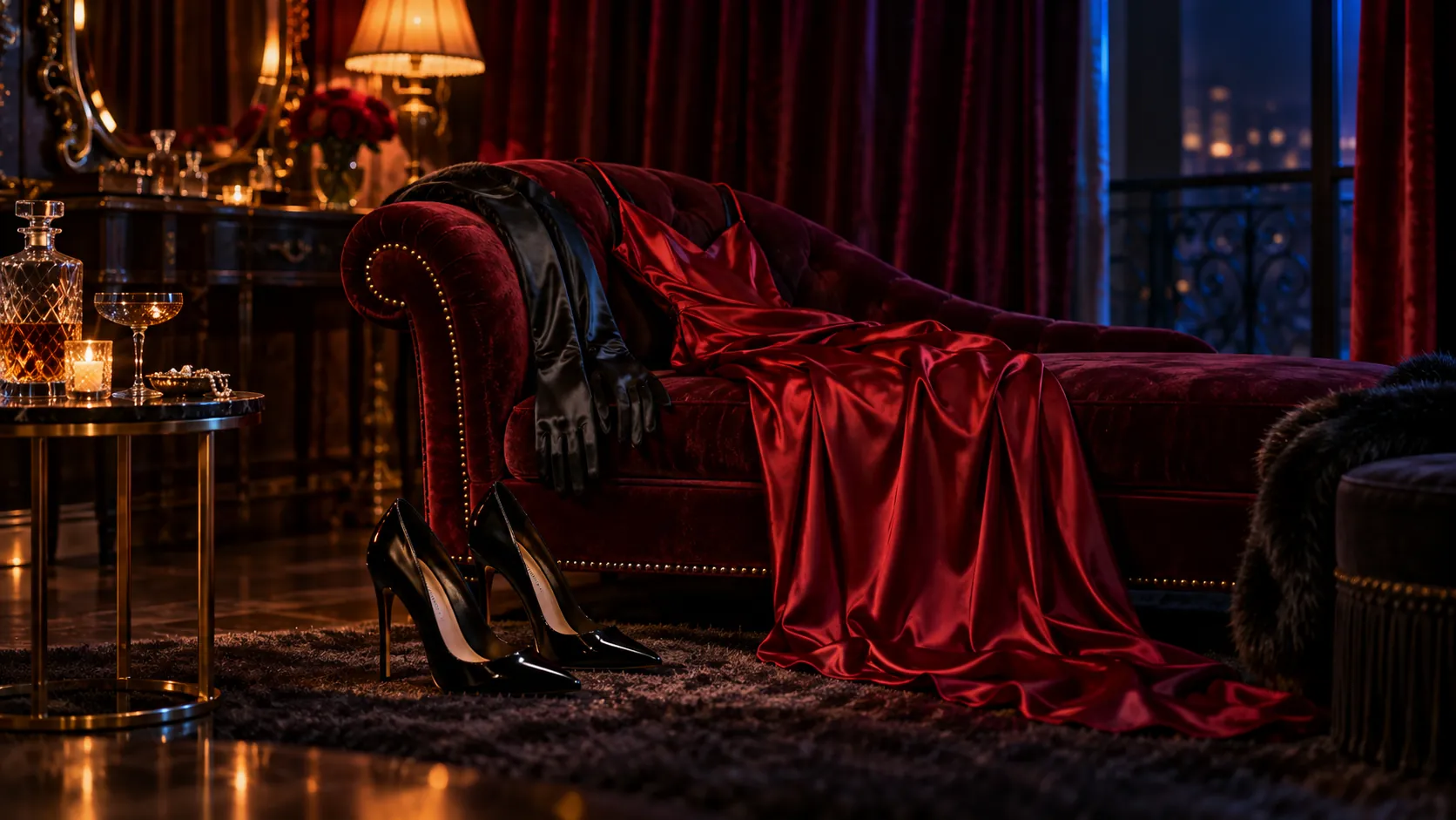 Un abito da sera di raso rosso, guanti neri e tacchi accanto a una chaise longue bordeaux in una luce rossa e blu suggestiva